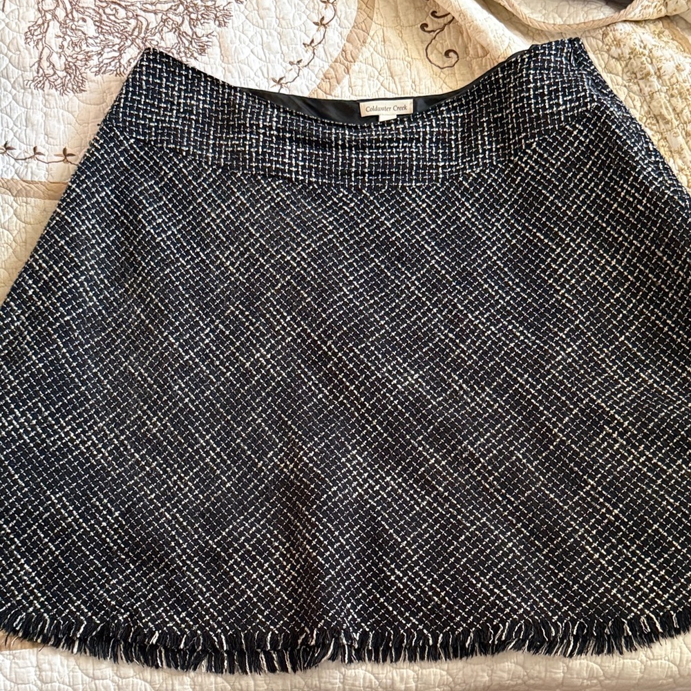 Coldwater Creek Black and White Tweed A-Line Skirt with Fringe